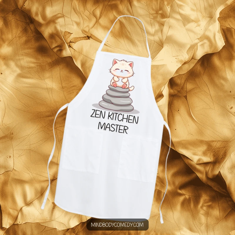Funny cat meditating on stacked stones, featured on a durable apron for peaceful chefs.