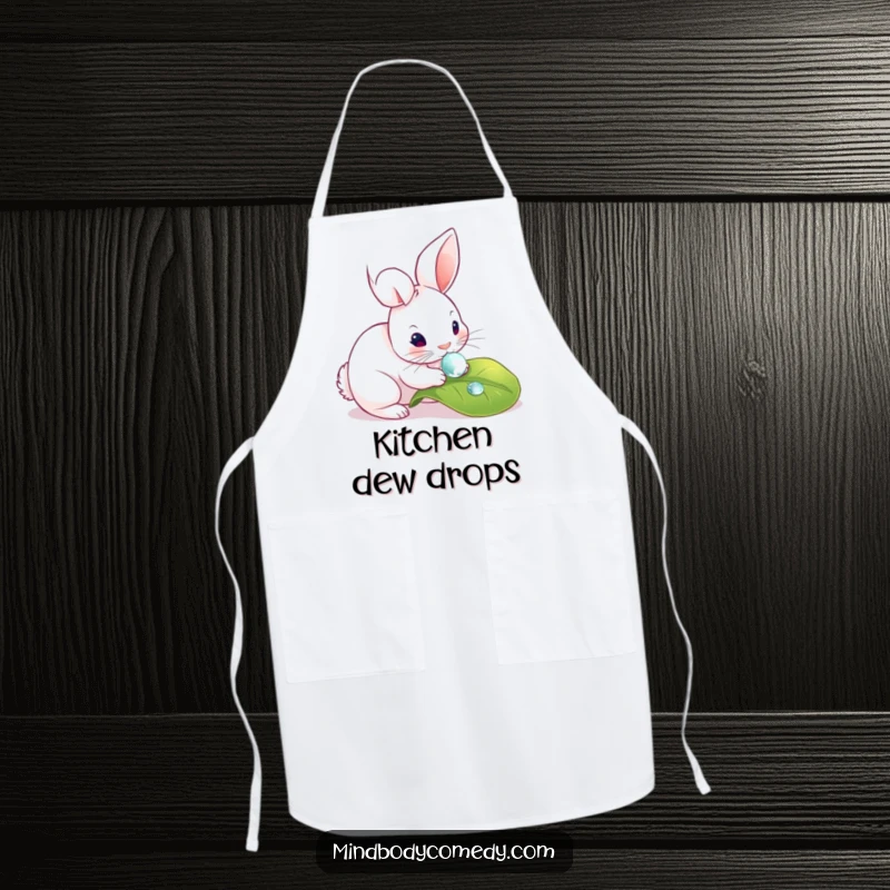 Funny apron showing a rabbit delicately touching a dewdrop on a leaf, adding a touch of nature to your kitchen.