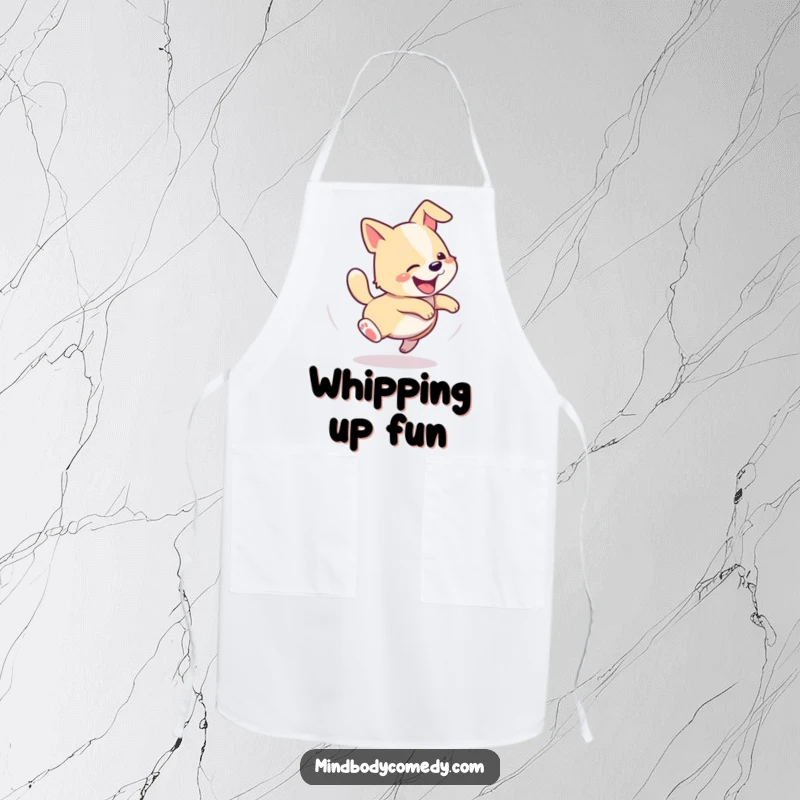 Funny apron showing a happy dog spinning in a spiral, chasing its tail, ready for kitchen fun.