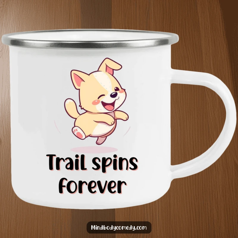 Funny camping mug featuring a happy dog spinning in a spiral, chasing its tail, ready for the outdoors.