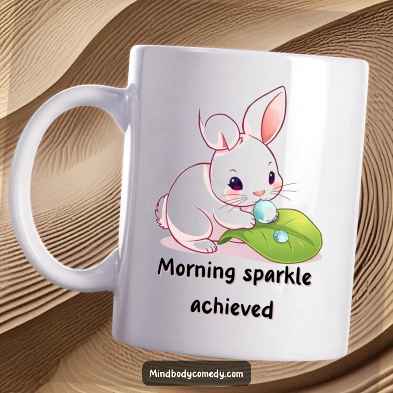 Funny mug showing a curious rabbit gently touching a dewdrop on a leaf, embodying quiet contemplation.