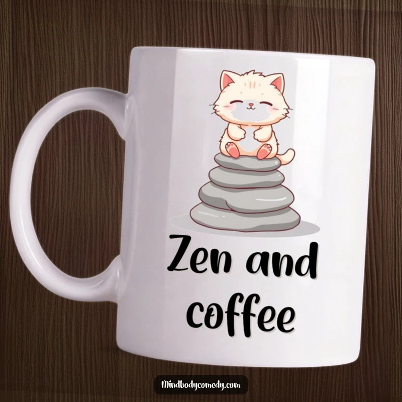 Funny fluffy cat meditating serenely atop a stack of smooth gray stones, promoting peace on a mug.