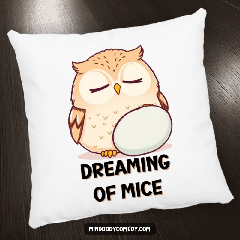 Funny owl breathing deeply near a cushion, depicted on a soft pillow for humorous relaxation.
