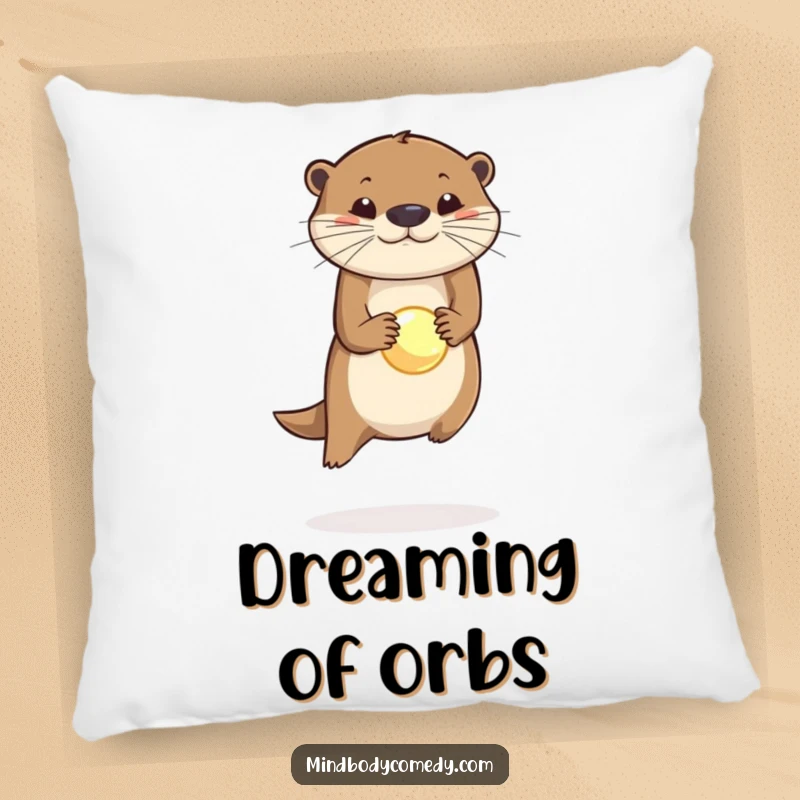 Funny pillow featuring a charming otter balancing a glowing orb on its nose, adding a touch of playful decor.
