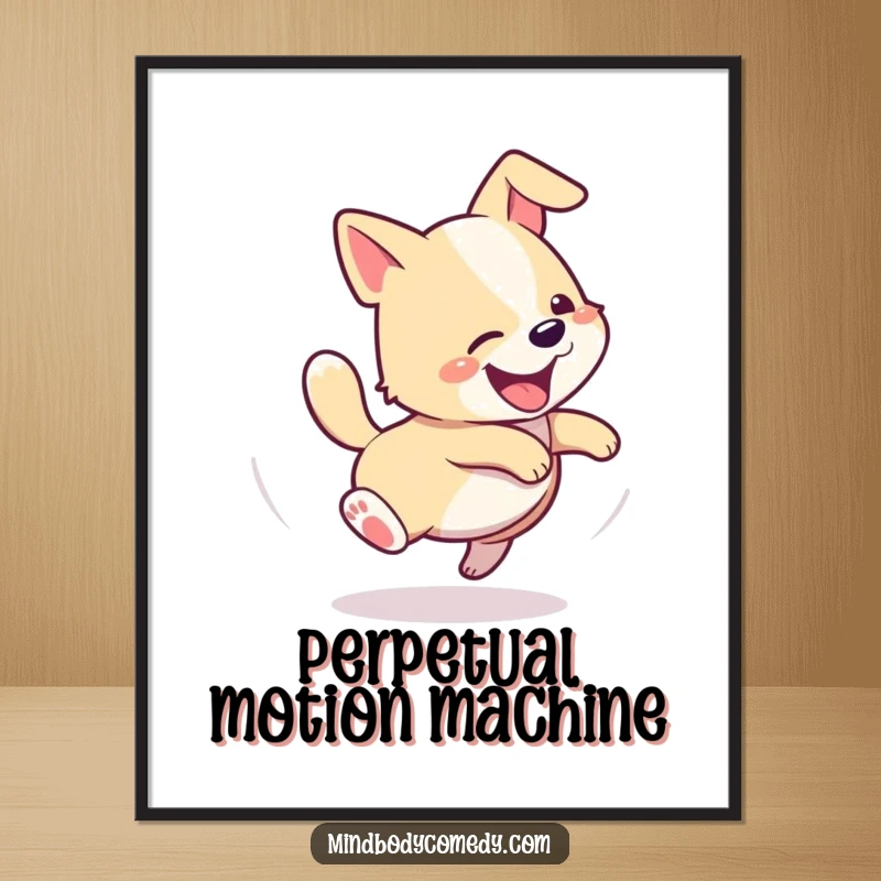 Funny digital art print of a happy dog spinning in a spiral, chasing its tail with playful energy.