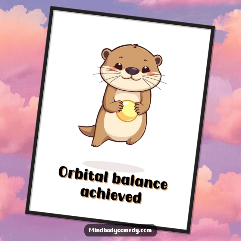 Funny digital art print of a leaping otter balancing a small, glowing orb on its nose, adding whimsical decor.