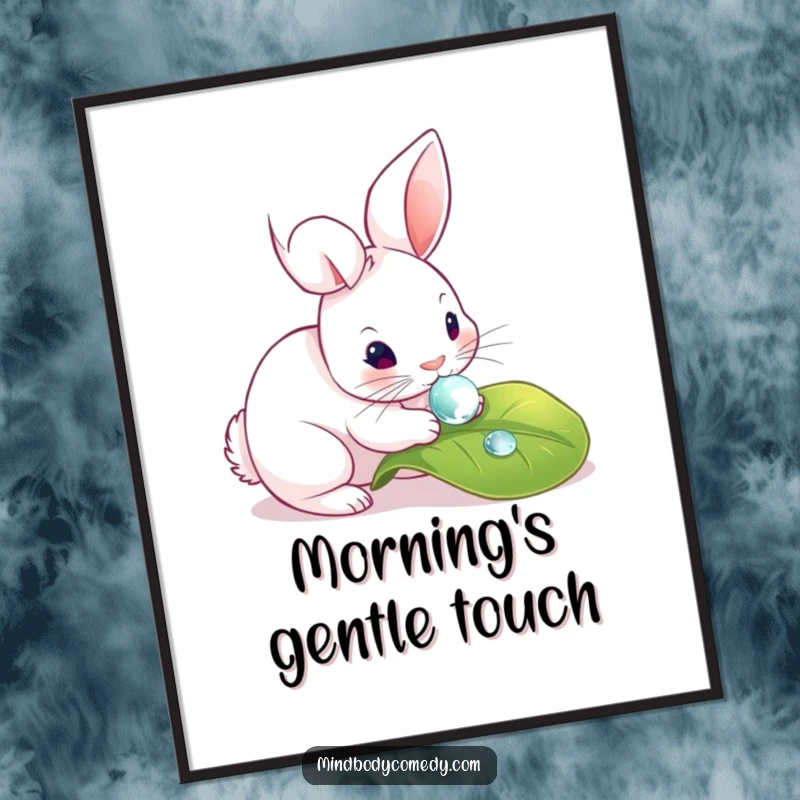 Funny digital art print of a curious rabbit gently touching a dewdrop on a leaf, bringing serene decor.