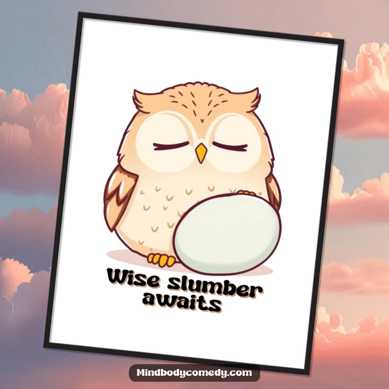 Funny round owl breathing deeply near a cushion, downloadable digital art print for serene decor.