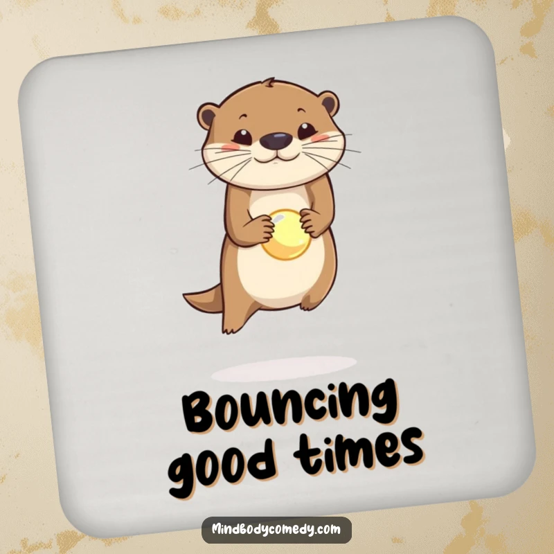 Funny drink coasters depicting a leaping otter balancing a glowing orb on its nose, protecting your furniture with humor.