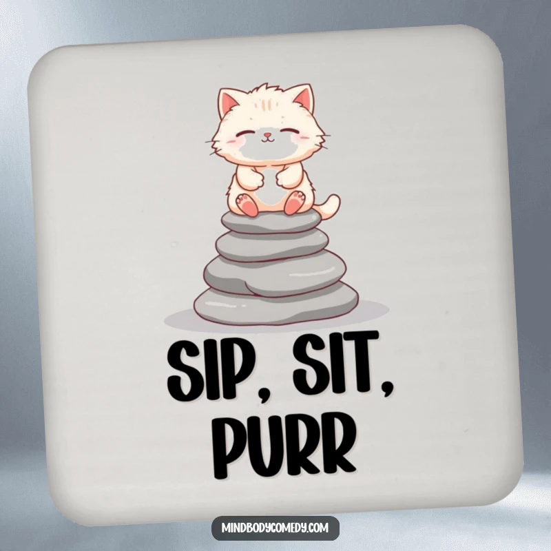 Funny cat meditating on stacked stones, featured on drink coasters for peaceful protection.