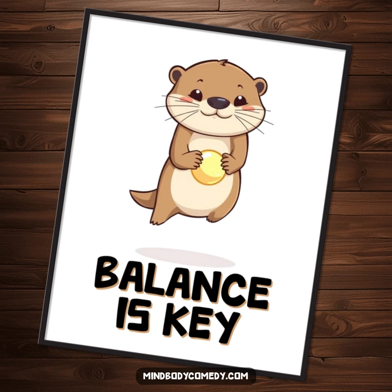 Funny poster art of a leaping otter magically balancing a small, glowing orb on its nose, a whimsical sight.