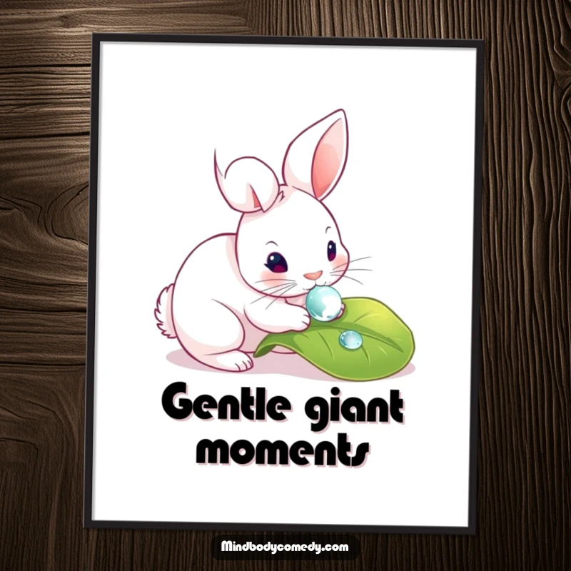 Funny poster print of a curious rabbit gently touching a dewdrop on a leaf, capturing a moment of natural beauty.