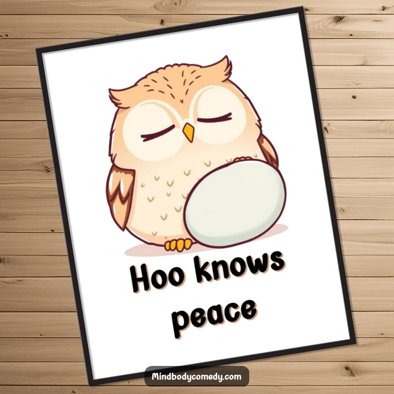 Funny round owl with closed eyes breathing deeply near a cushion, creating a serene art print.