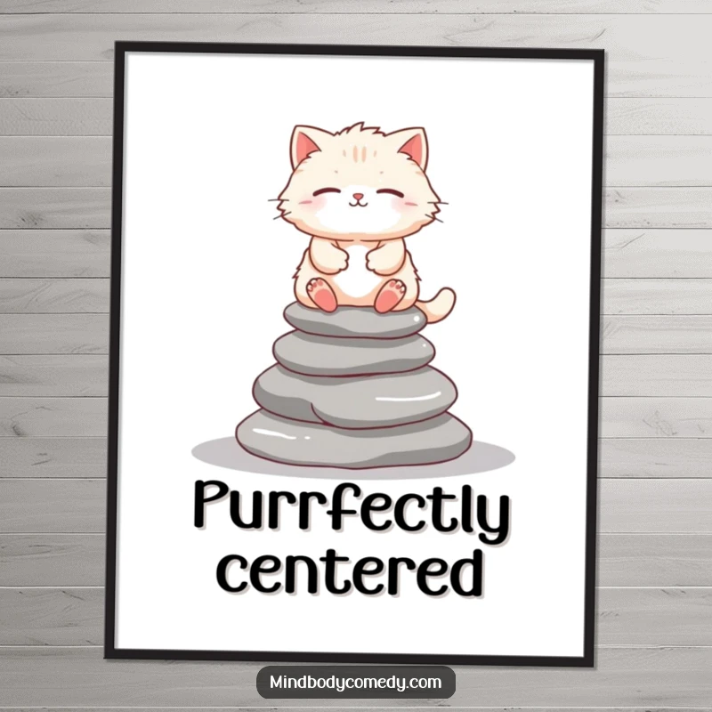 Funny fluffy cat meditating atop smooth gray stones, creating a serene and humorous art print.