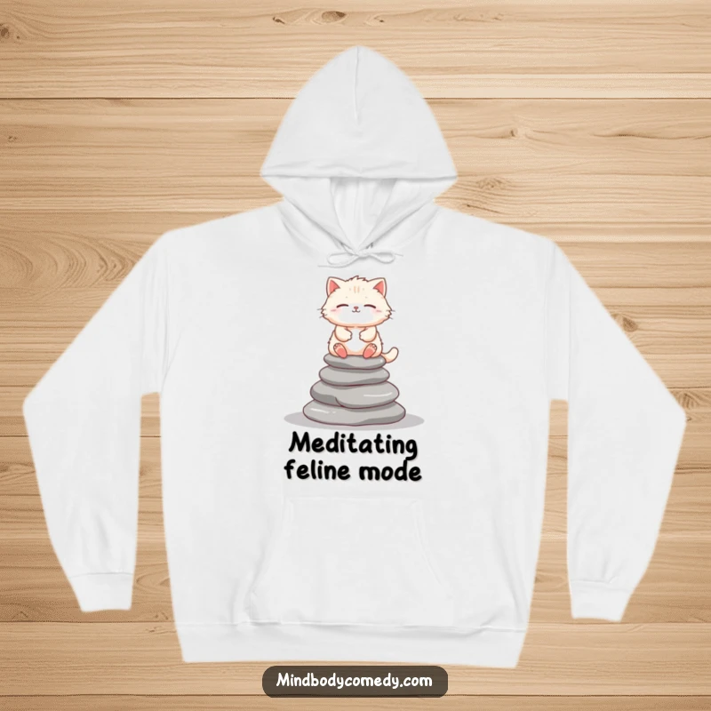 Funny cat meditating on stones, featured on a warm hoodie for peaceful relaxation and humor.