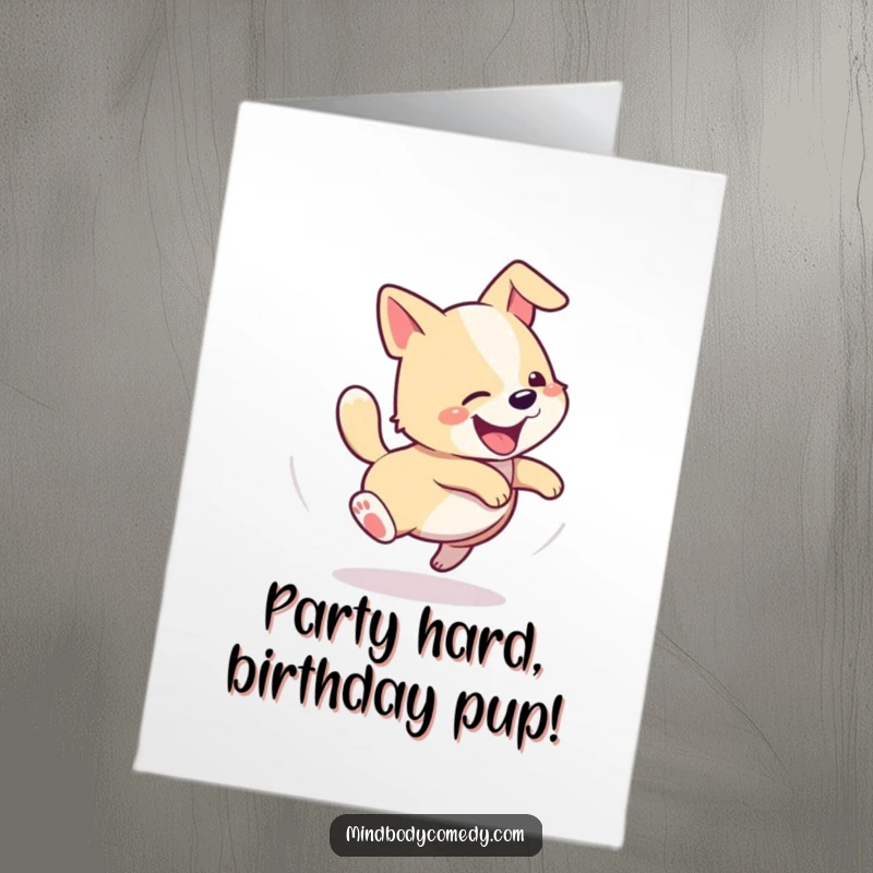 Funny Free Printable Birthday Card: A happy dog joyfully chasing its tail in a spiral