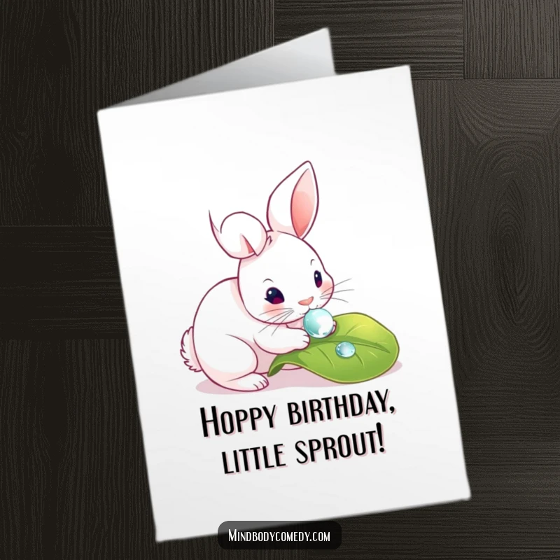 Sweet Free Printable Birthday Card: Curious rabbit gently touching a dewdrop on a leaf