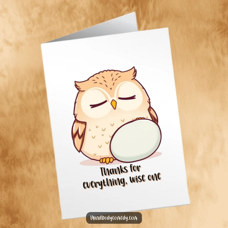 Funny Free Printable Thank You Card: Peaceful round owl breathes deeply near a cushion, offering calm thanks.