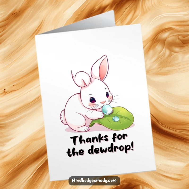 Sweet Free Printable Thank You Card: Rabbit admiring a dewdrop on a leaf, a tender thank you
