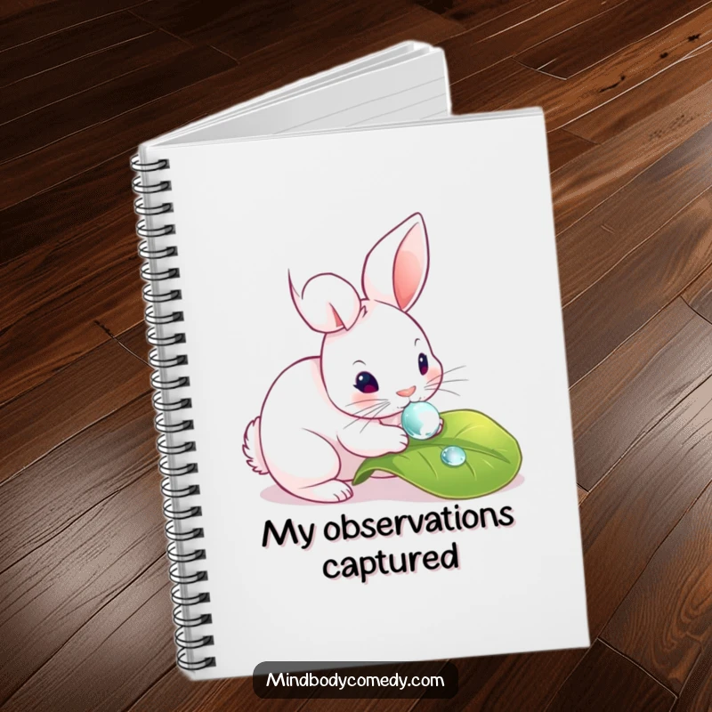 Funny notebook cover with a rabbit gently touching a dewdrop on a leaf, inspiring calm and creative writing.