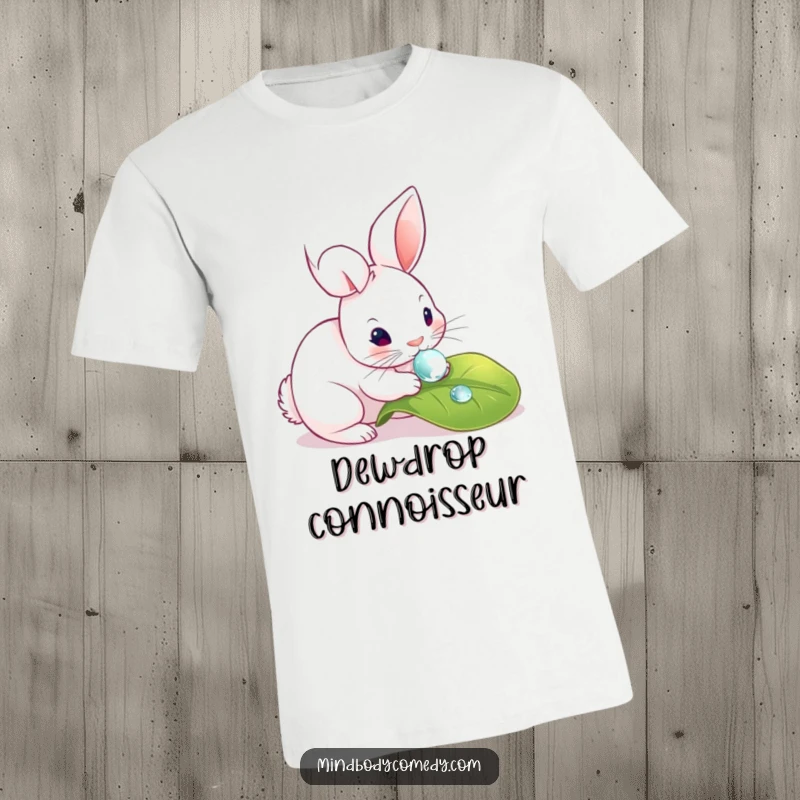 Funny t-shirt featuring a cute rabbit delicately touching a sparkling dewdrop on a green leaf, a peaceful scene.