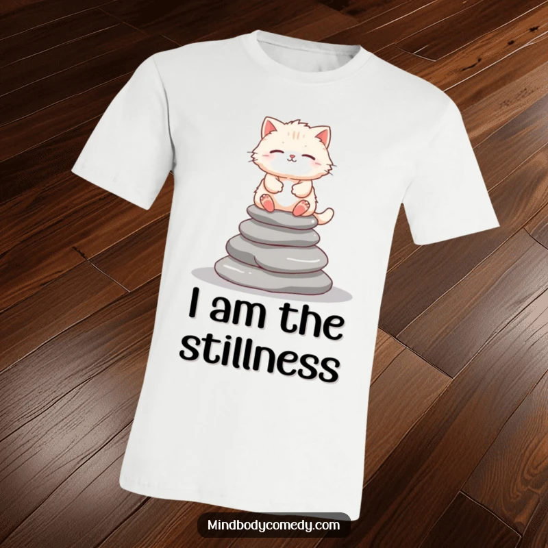 Funny fluffy cat meditating on stones, embodying zen on a relaxed and humorous t-shirt.