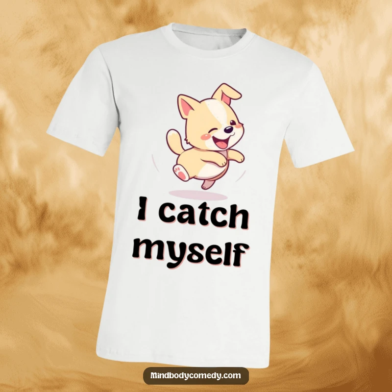 Funny t-shirt featuring a happy dog in mid-spin, chasing its tail in a comical spiral motion.