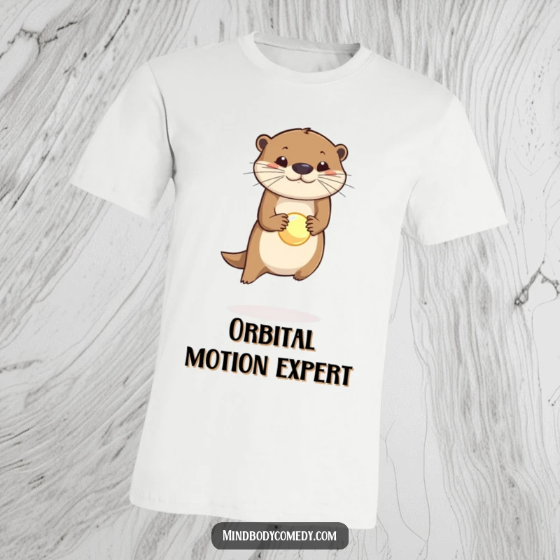 Funny t-shirt featuring a leaping otter skillfully balancing a small, glowing orb on its nose, looking incredibly focused.