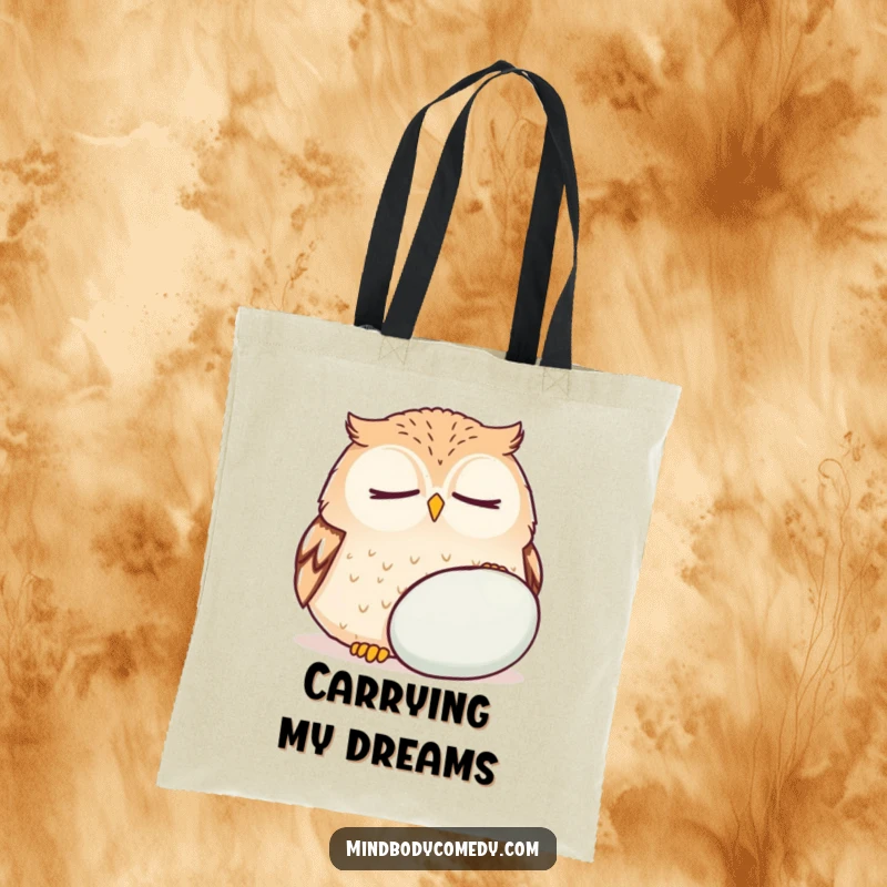Funny round owl breathing deeply near a soft cushion, printed on a sturdy tote bag.