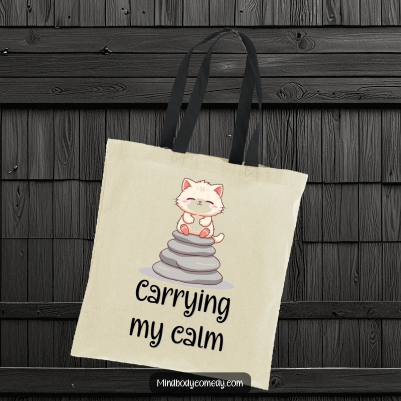 Funny cat meditating on stacked stones, printed on a sturdy tote bag for peaceful carrying.