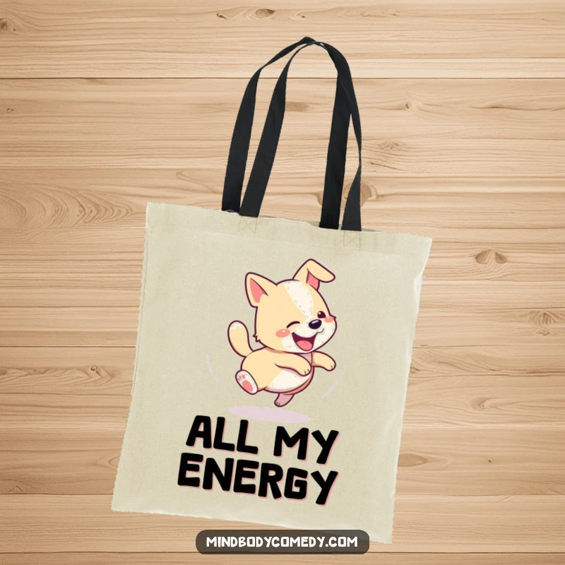 Funny tote bag featuring a happy dog spinning around in a spiral while chasing its tail, full of energy.